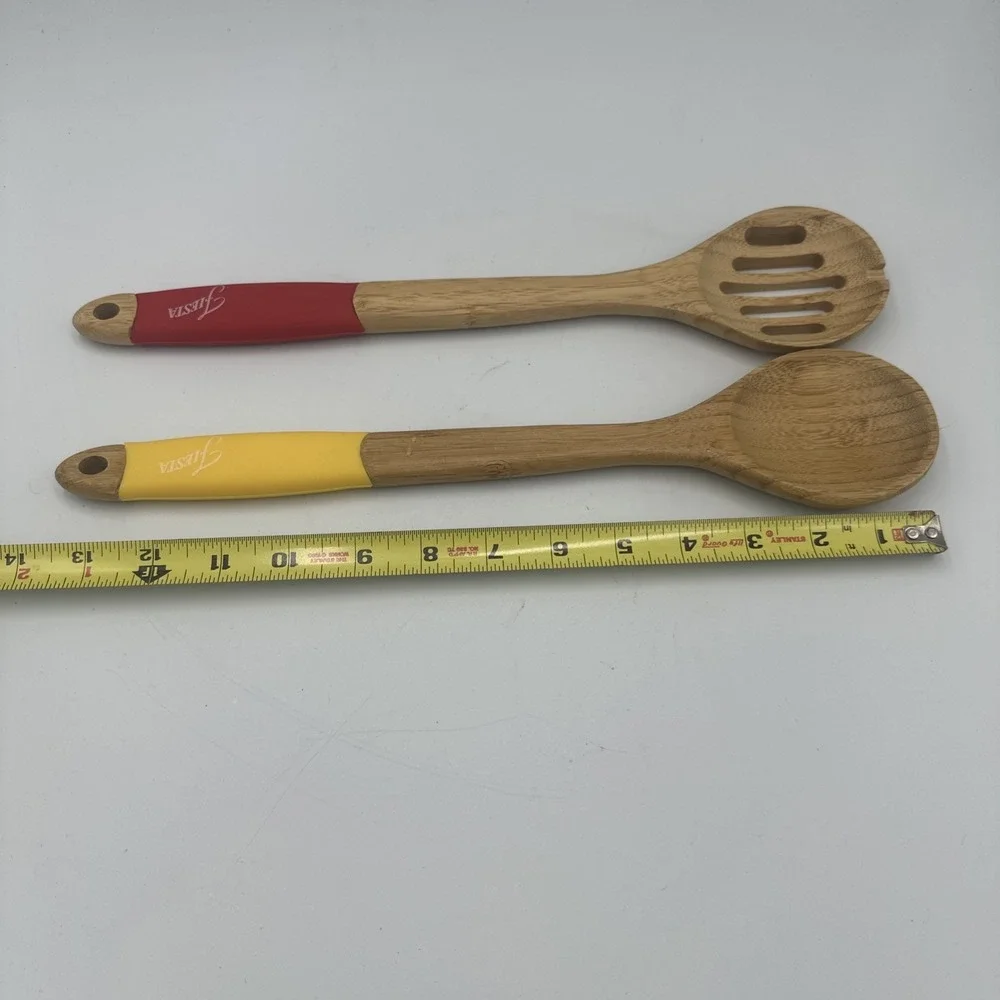Fiesta 2 Piece Utensil Bamboo Servers Spoon Slotted SUNFLOWER Yellow & Red READ